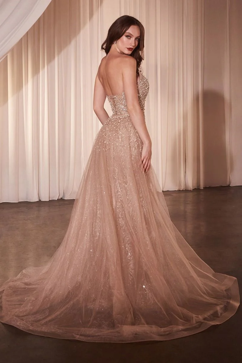 Ladivine CZ0028 Crystal Pearl Fitted Dress Overskirt V Neck Draped Evening Gown Pageant Mother Of - Image 3