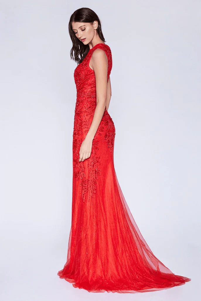 Ladivine KC1736 Size 4 Long Fitted High Neck Beaded Lace Formal Dress High neck Evening Gown - Image 4