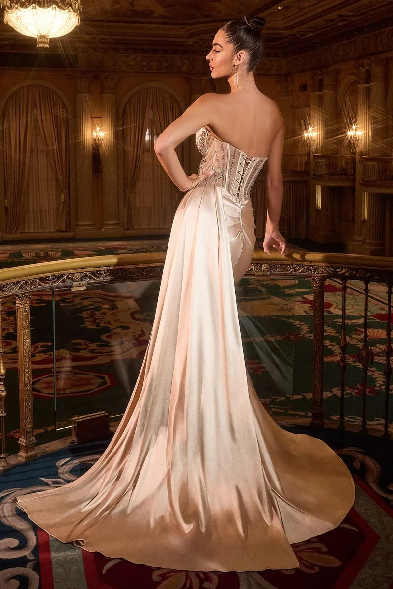 Ladivine KV1131 Formal Prom Dress Crystal Corset Overskirt Slit Evening Gown Cowl Neck - Image 7