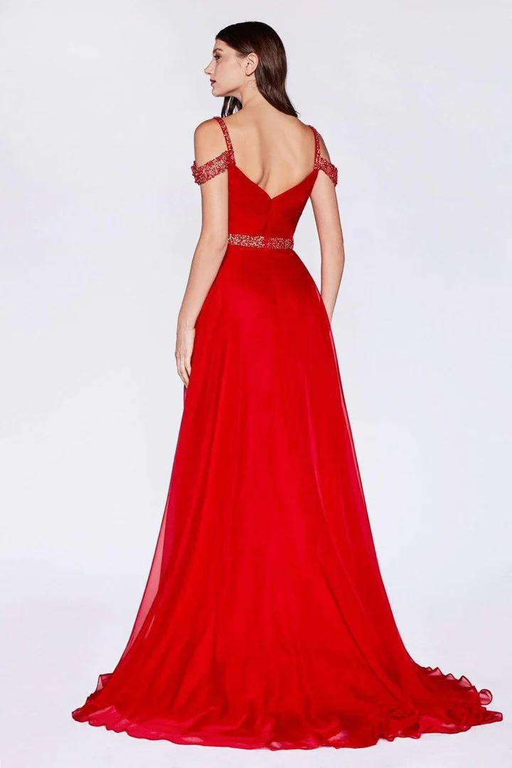 Ladivine P211 Size 4 Red Long A Line Chiffon off the shoulder Beaded Formal  Prom Dress Evening Gown V Nek - Image 2