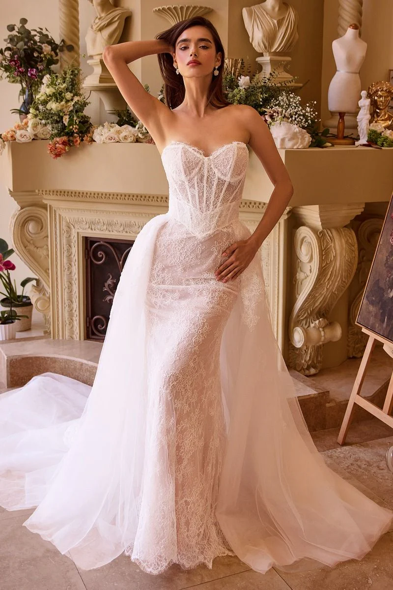 Ladivine WL044 Size 4 Long Fitted Corset Wedding Dress Lace Overskirt Strapless Mermaid Bridal Gown - Image 4