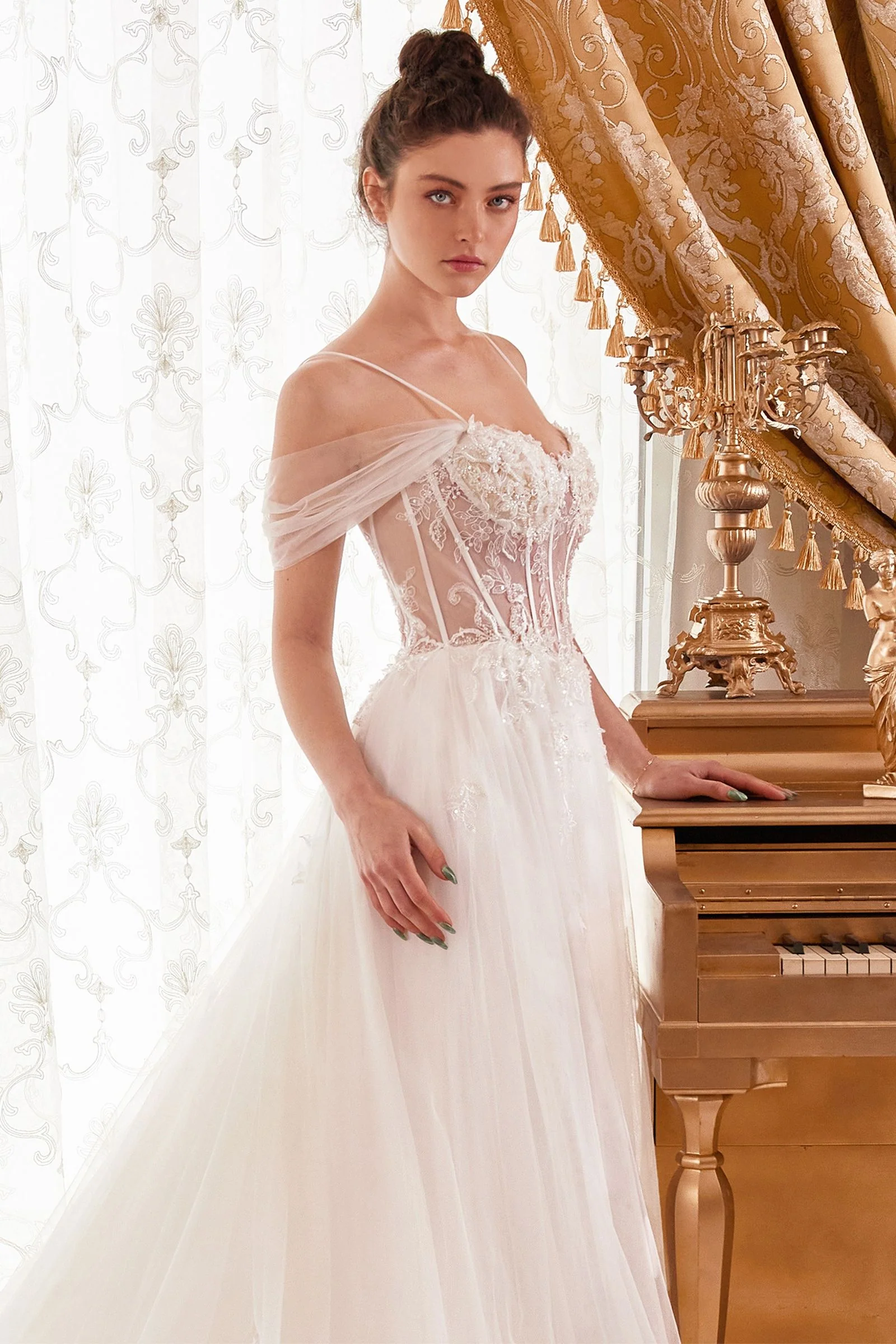Ladivine WN307 A Line Tulle off the shoulder Sheer Corset Wedding Dress Beaded Bridal Gown - Image 3