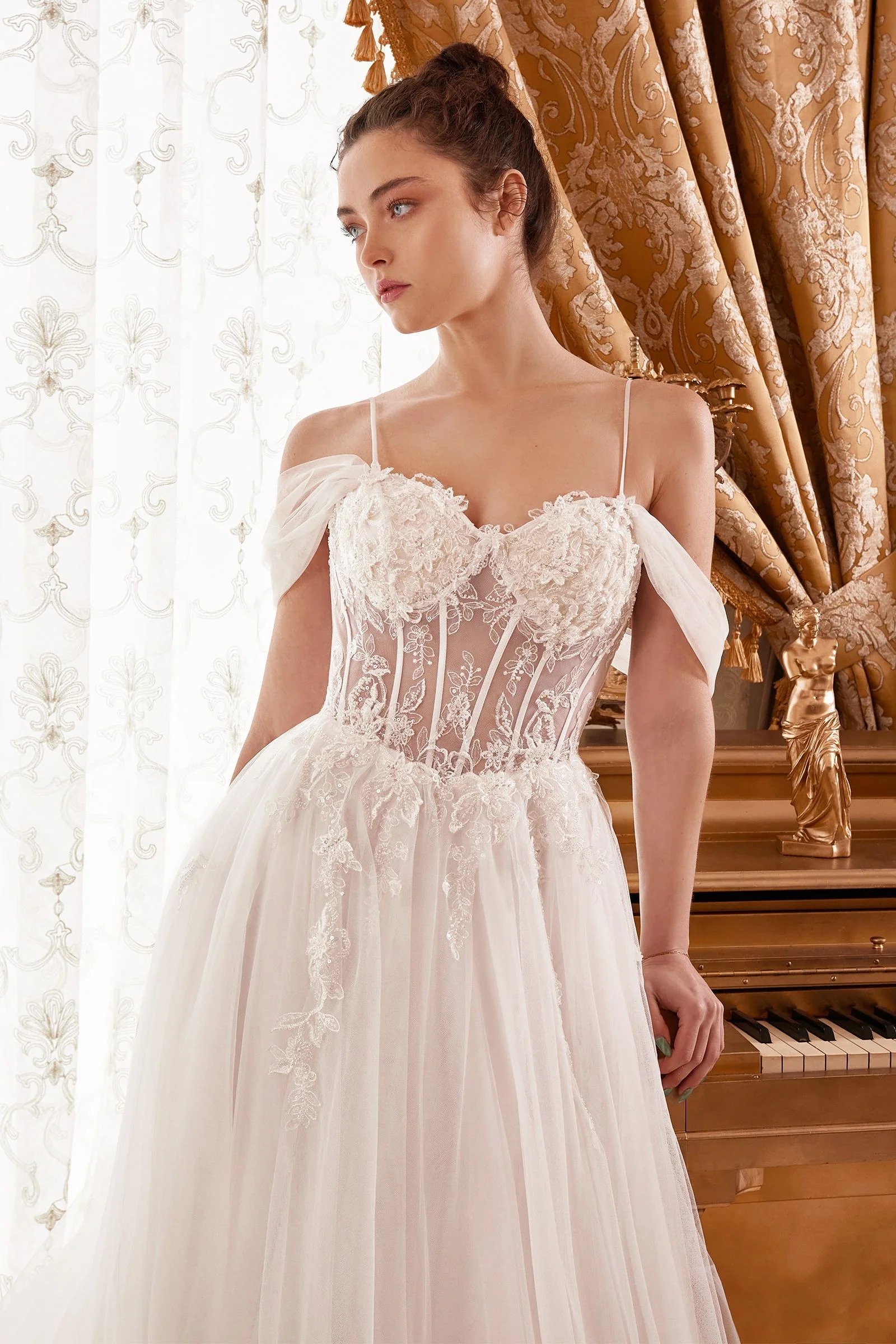 Ladivine WN307 A Line Tulle off the shoulder Sheer Corset Wedding Dress Beaded Bridal Gown - Image 4