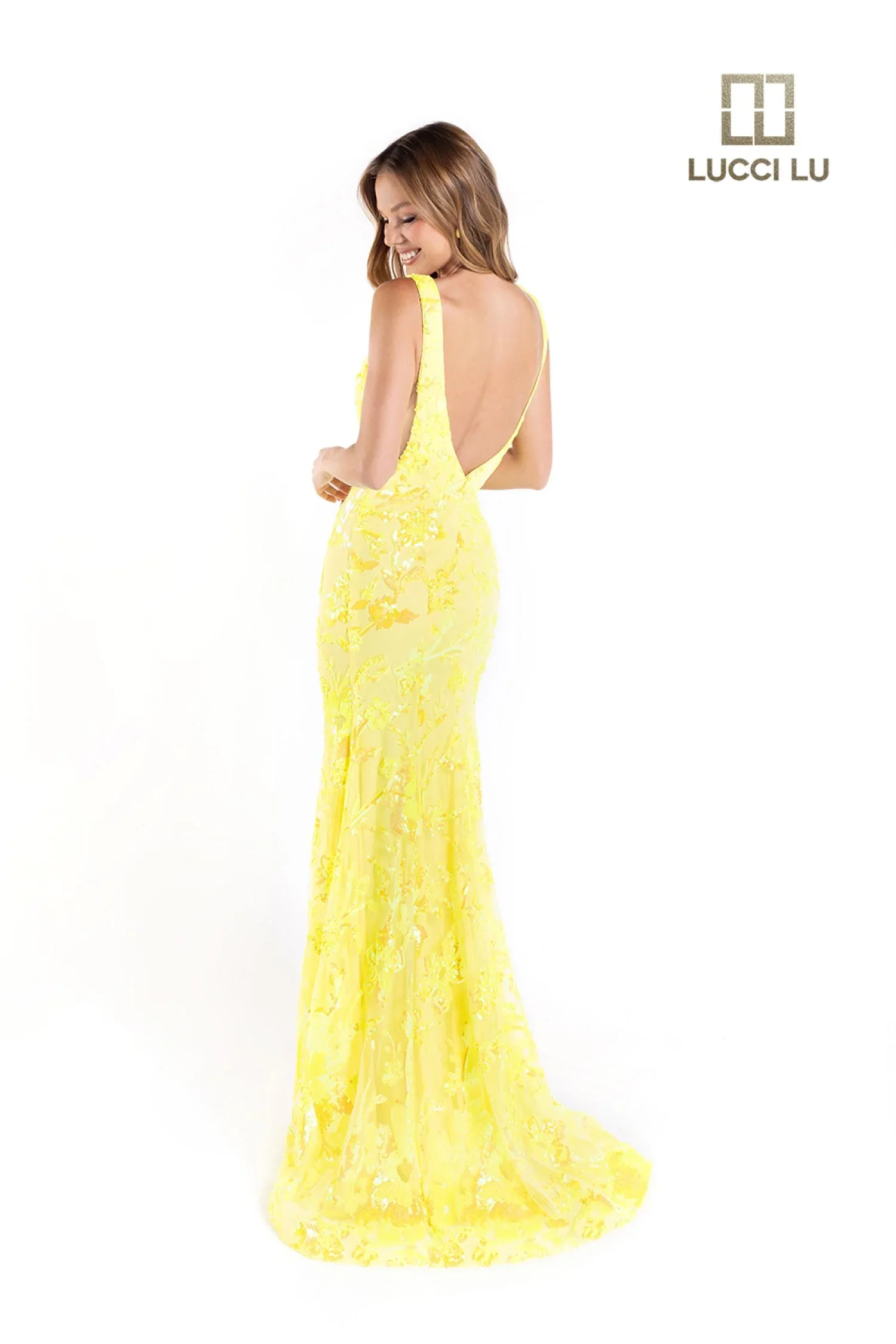 Lucci Lu 1230 Size 18 Neon Yellow Long Fitted Sequin Neon Prom Dress V Neck Formal Pageant Gown Backless - Image 2