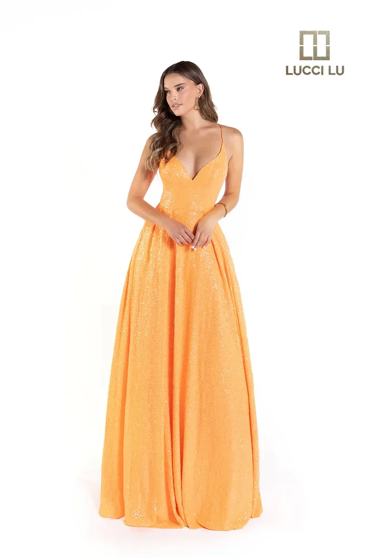 Lucci Lu 1246 Size 10 Neon Green Sequin Neon A Line Ballgown Backless Corset Prom Dress Pockets Formal Gown - Image 2