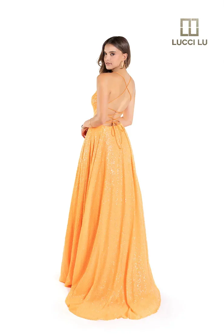 Lucci Lu 1246 Size 10 Neon Green Sequin Neon A Line Ballgown Backless Corset Prom Dress Pockets Formal Gown - Image 7