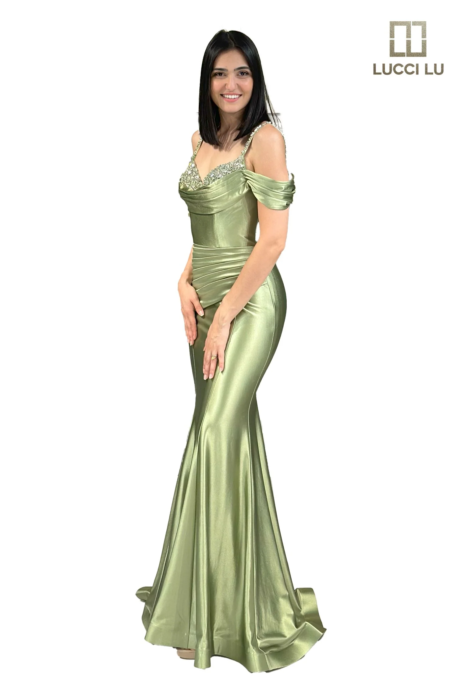 Lucci Lu 1313 Fitted Satin off the shoulder mermaid formal dress Crystal neckline ruched gown - Image 2