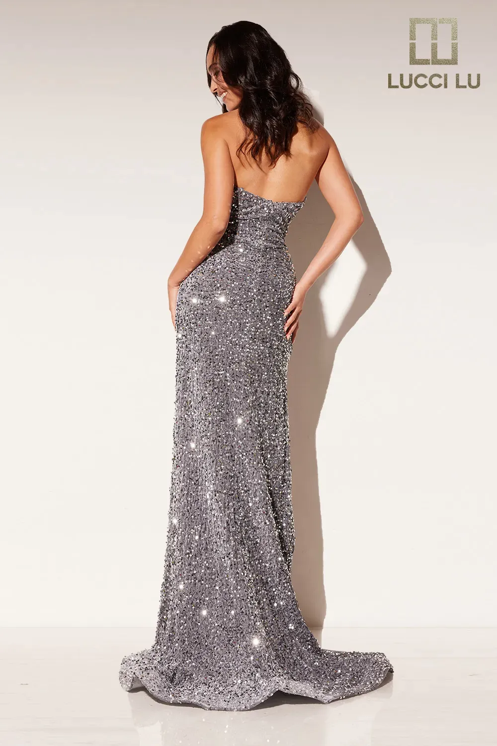 Lucci Lu 1332 Size 6 Magenta Sequin Velvet Strapless Formal Pageant Dress Crystal High Slit Evening Gown Prom - Image 7