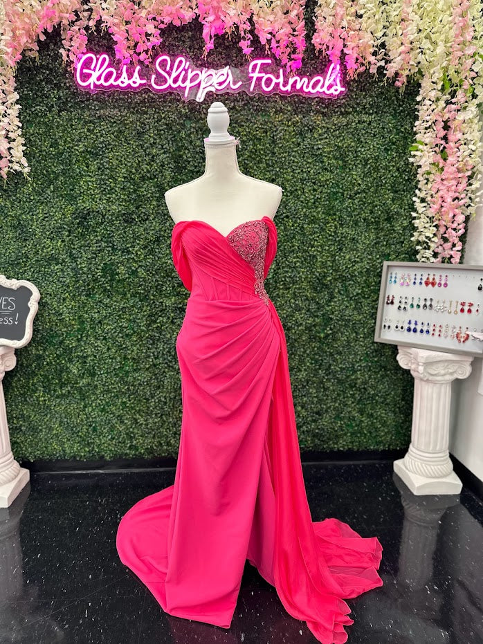 Lucci Lu 1348 Size 4 Fuchsia Corset wrap off the shoulder slit chiffon overskirt Pageant Dress