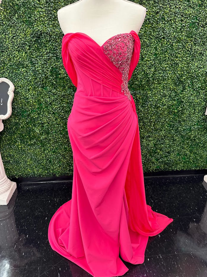 Lucci Lu 1348 Size 4 Fuchsia Corset wrap off the shoulder slit chiffon overskirt Pageant Dress - Image 10
