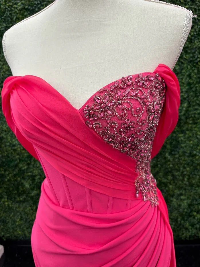 Lucci Lu 1348 Size 4 Fuchsia Corset wrap off the shoulder slit chiffon overskirt Pageant Dress - Image 12