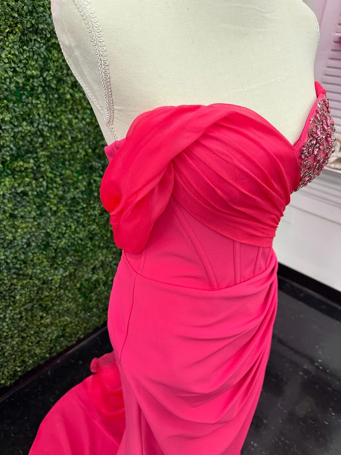 Lucci Lu 1348 Size 4 Fuchsia Corset wrap off the shoulder slit chiffon overskirt Pageant Dress - Image 13