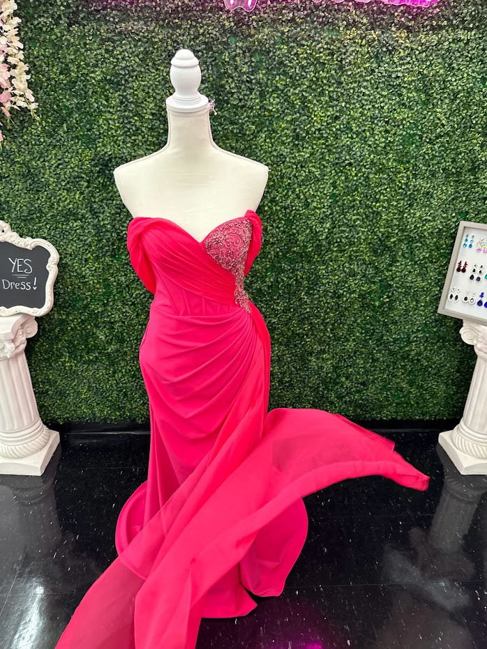 Lucci Lu 1348 Size 4 Fuchsia Corset wrap off the shoulder slit chiffon overskirt Pageant Dress - Image 14