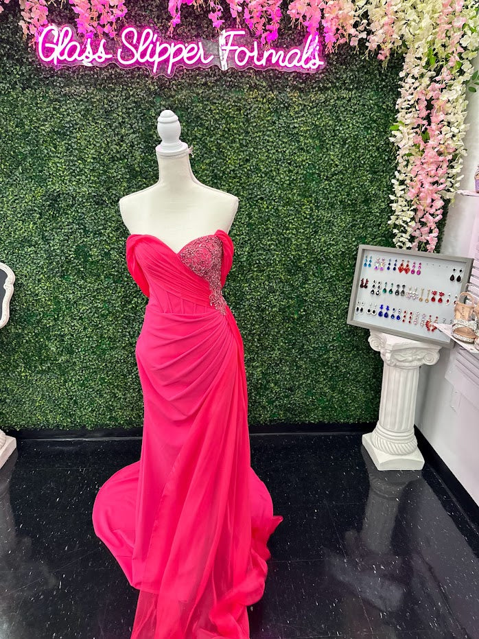Lucci Lu 1348 Size 4 Fuchsia Corset wrap off the shoulder slit chiffon overskirt Pageant Dress - Image 15
