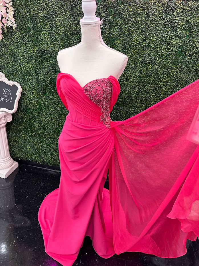 Lucci Lu 1348 Size 4 Fuchsia Corset wrap off the shoulder slit chiffon overskirt Pageant Dress - Image 16