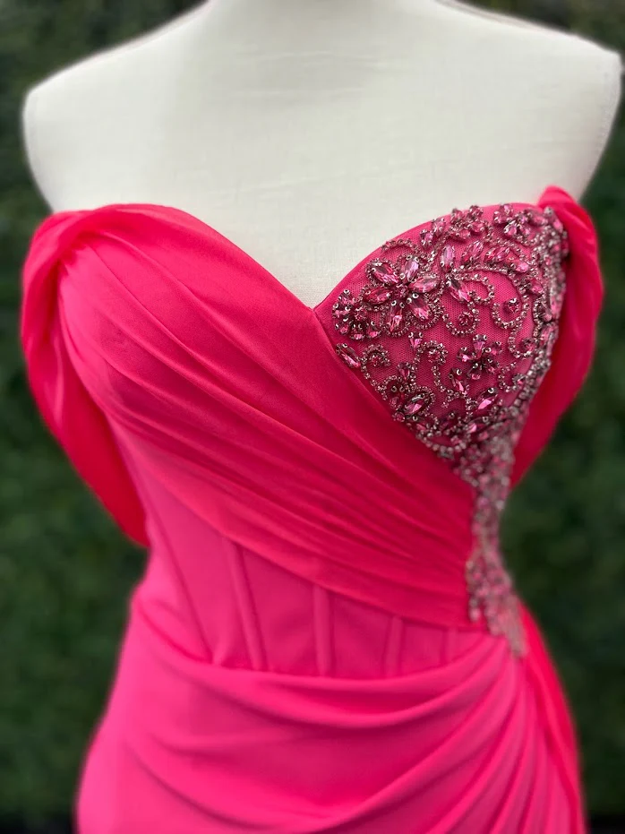 Lucci Lu 1348 Size 4 Fuchsia Corset wrap off the shoulder slit chiffon overskirt Pageant Dress - Image 18