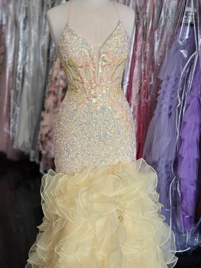 Lucci Lu 1395 Size 8 Yellow Sheer Sequin Mermaid Prom Dress Ruffle Slit Formal Dress Corset Fit & Flare Gown - Image 2