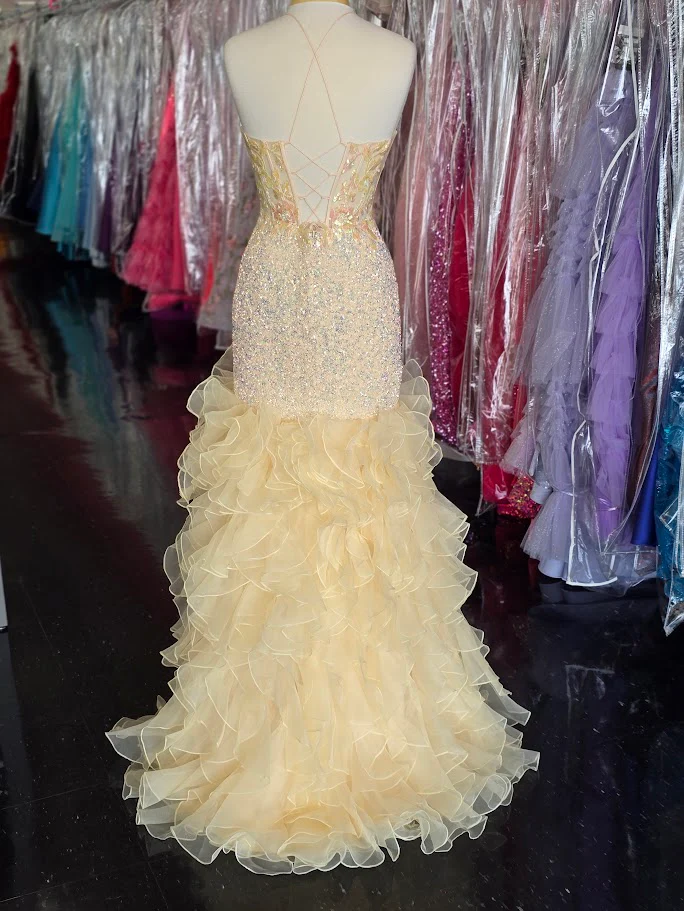 Lucci Lu 1395 Size 8 Yellow Sheer Sequin Mermaid Prom Dress Ruffle Slit Formal Dress Corset Fit & Flare Gown - Image 3