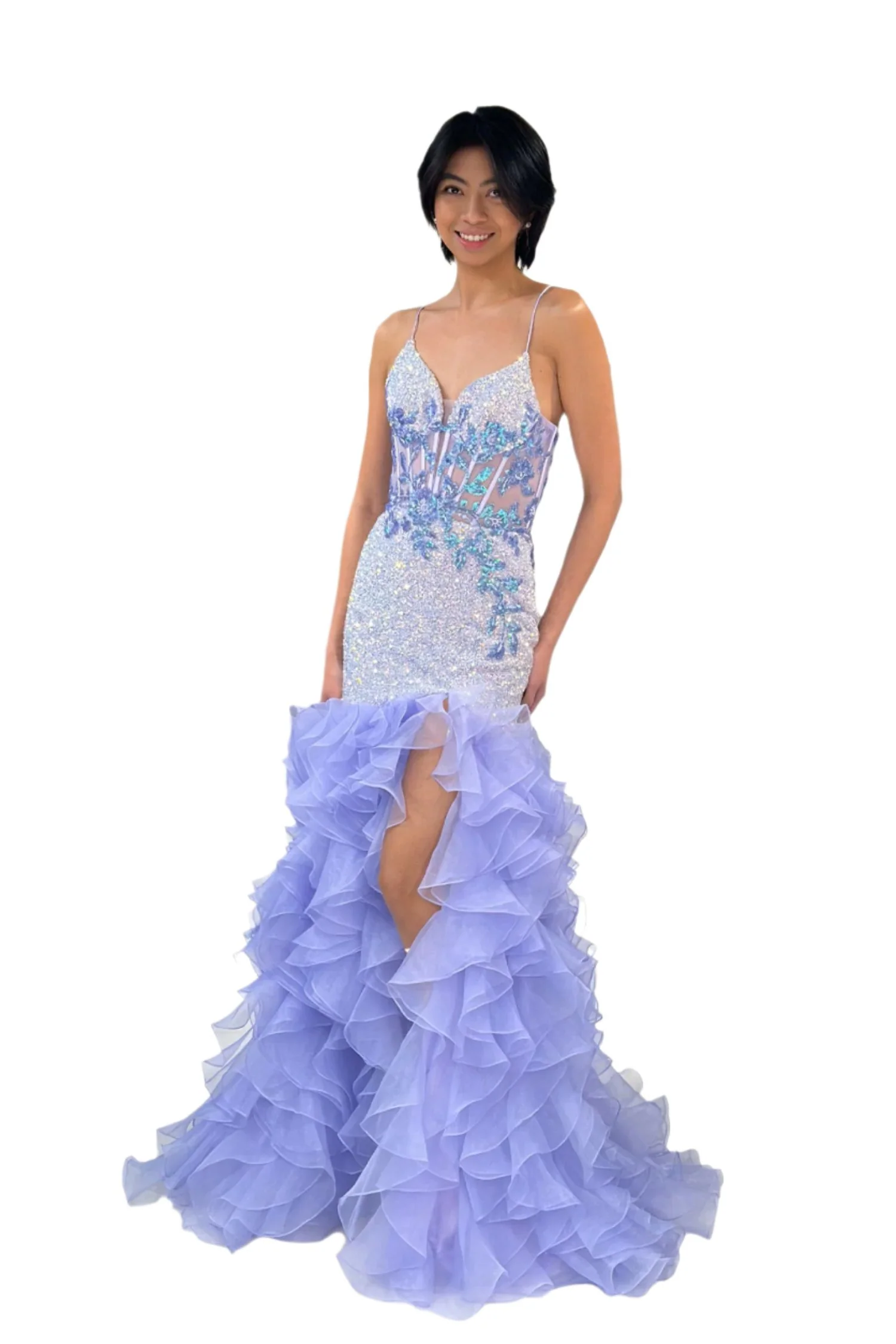 Lucci Lu 1395 Size 4 Lilac Sheer Sequin Mermaid Prom Dress Ruffle Slit Formal Dress Corset Fit & Flare Gown - Image 2