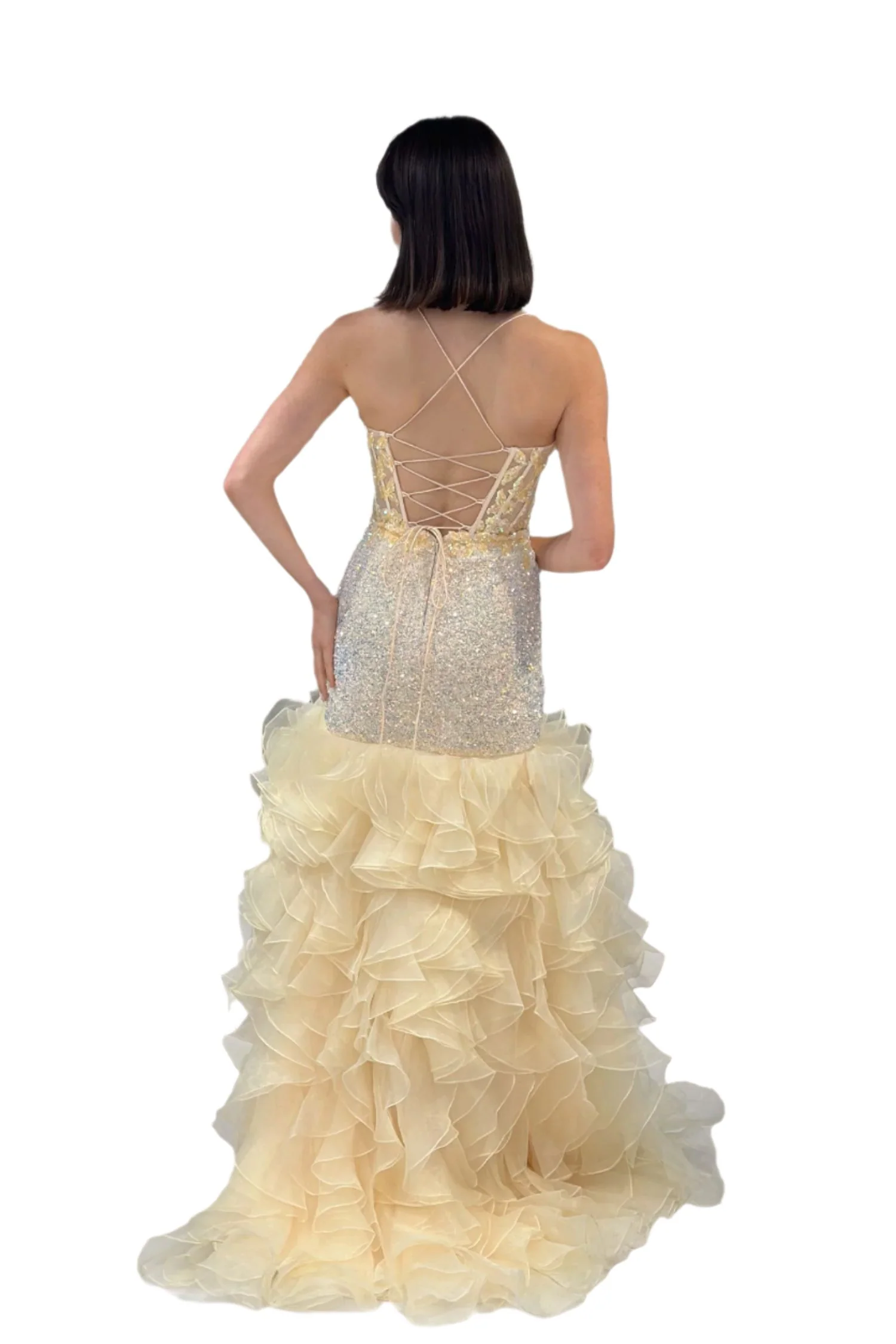Lucci Lu 1395 Size 4 Lilac Sheer Sequin Mermaid Prom Dress Ruffle Slit Formal Dress Corset Fit & Flare Gown - Image 3