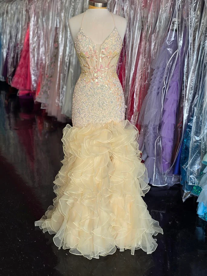 Lucci Lu 1395 Size 8 Yellow Sheer Sequin Mermaid Prom Dress Ruffle Slit Formal Dress Corset Fit & Flare Gown - Image 7