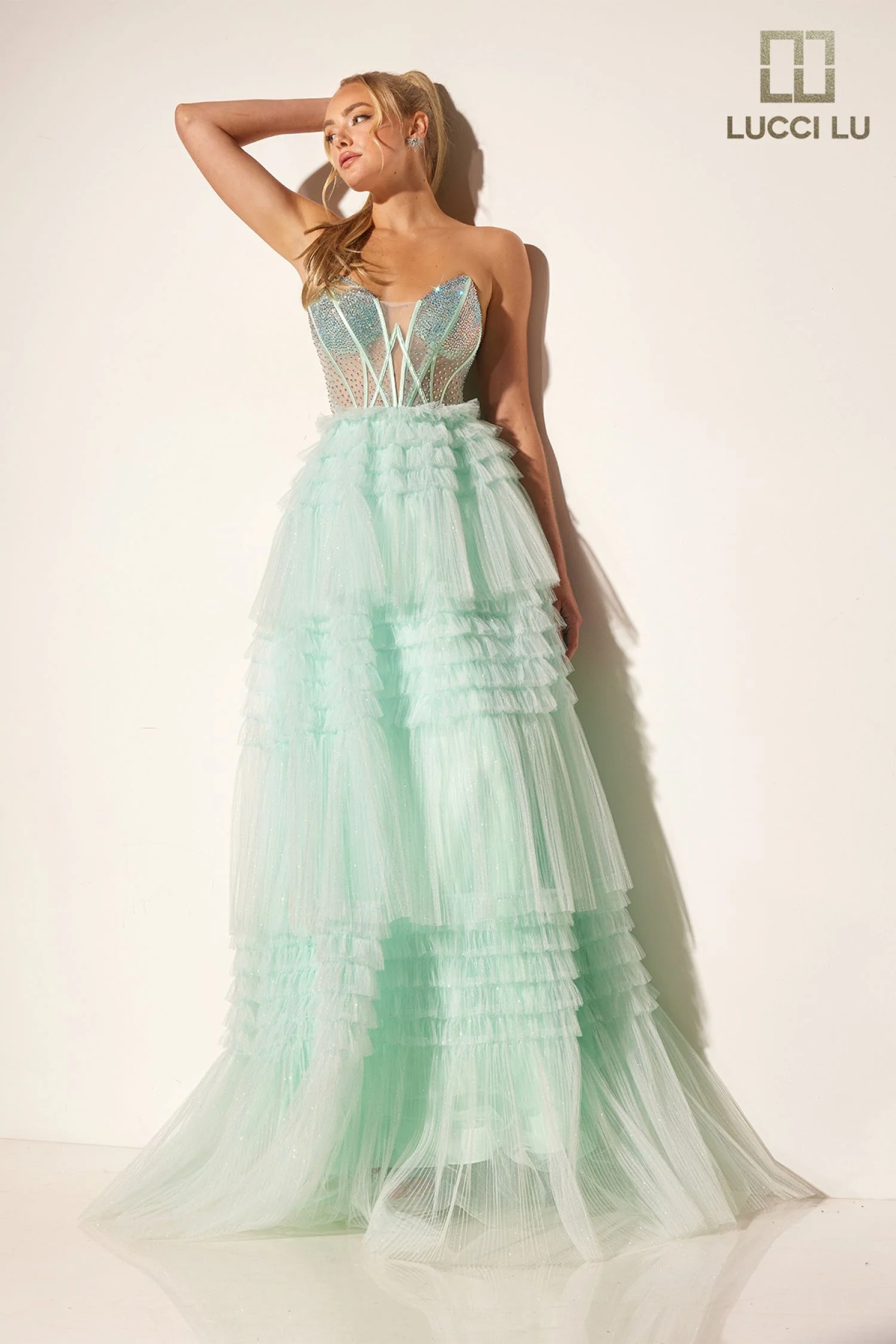 Lucci Lu 1408 Sheer Crystal Corset A Line Pleated Ruffle Prom Dress Layer Formal Ballgown