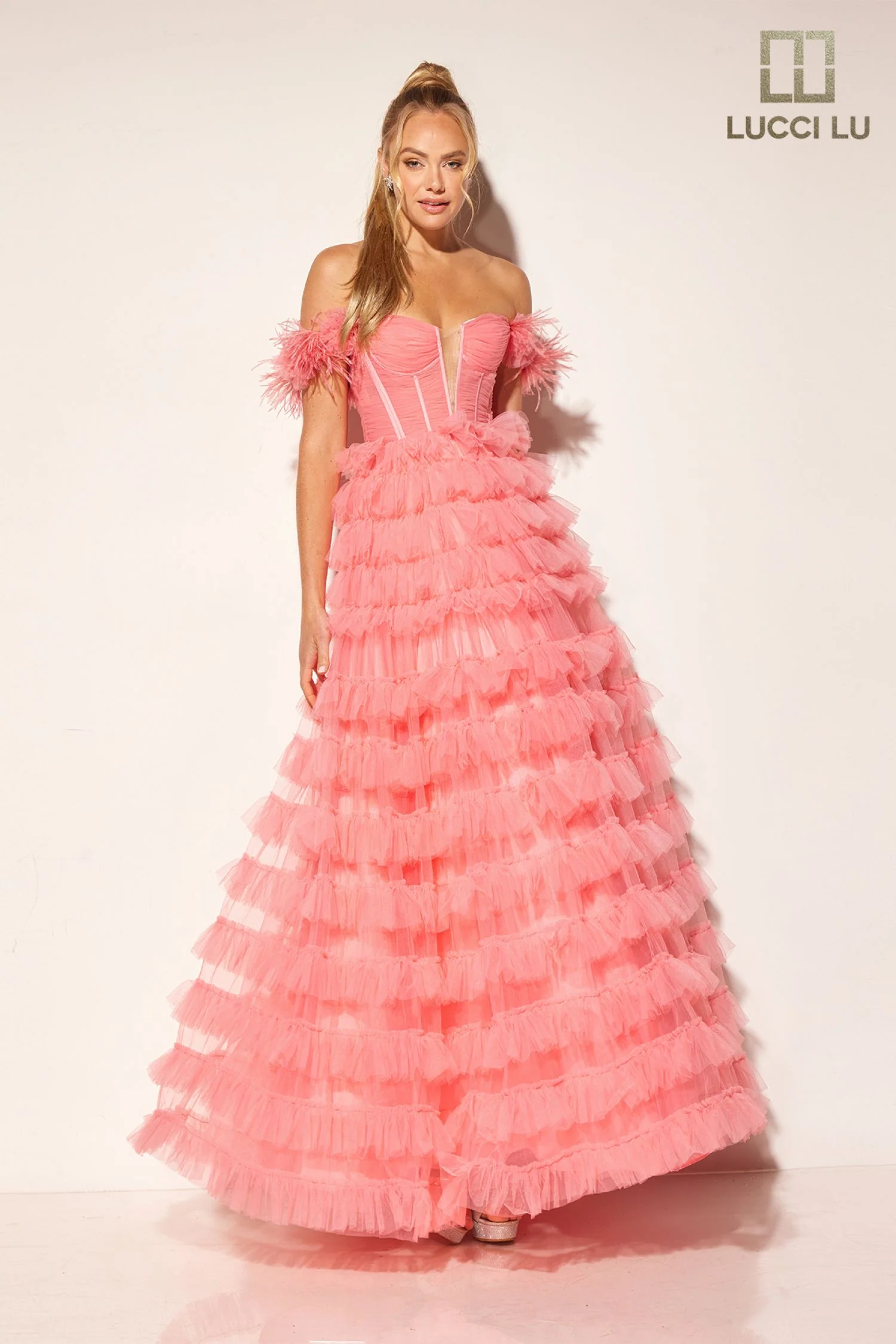 Lucci Lu 1410 Layer Tulle A Line Sheer Corset Prom Dress Feather Off the Shoulder Formal Gown