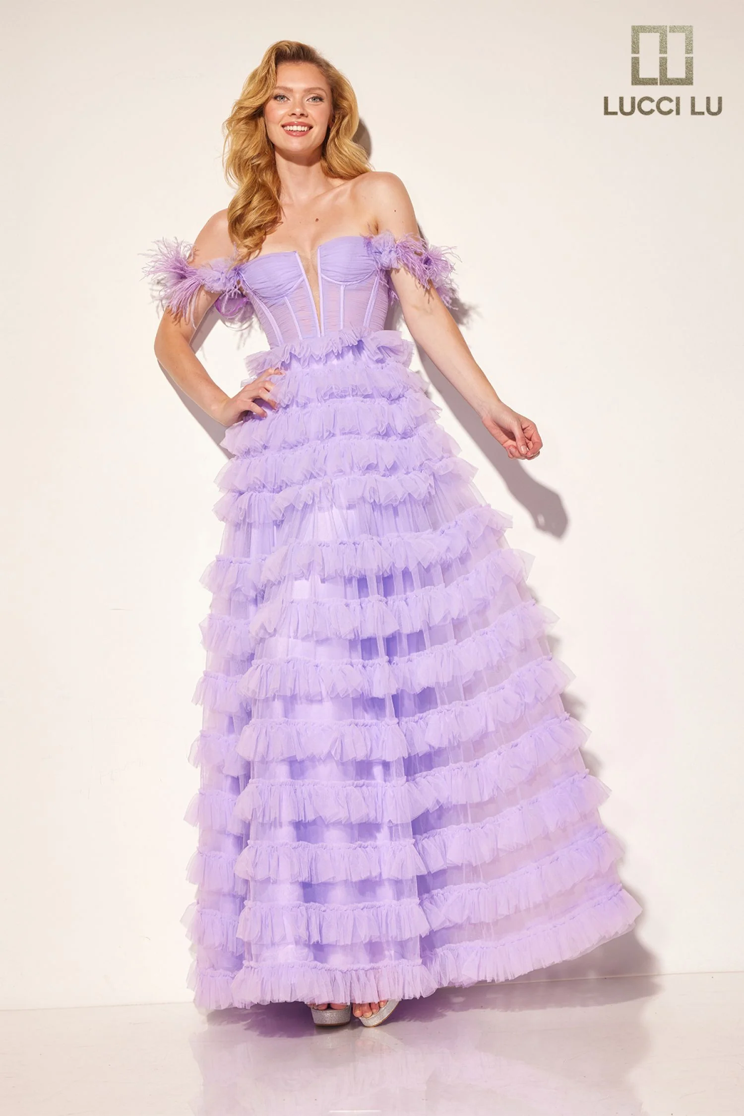 Lucci Lu 1410 Layer Tulle A Line Sheer Corset Prom Dress Feather Off the Shoulder Formal Gown - Image 2