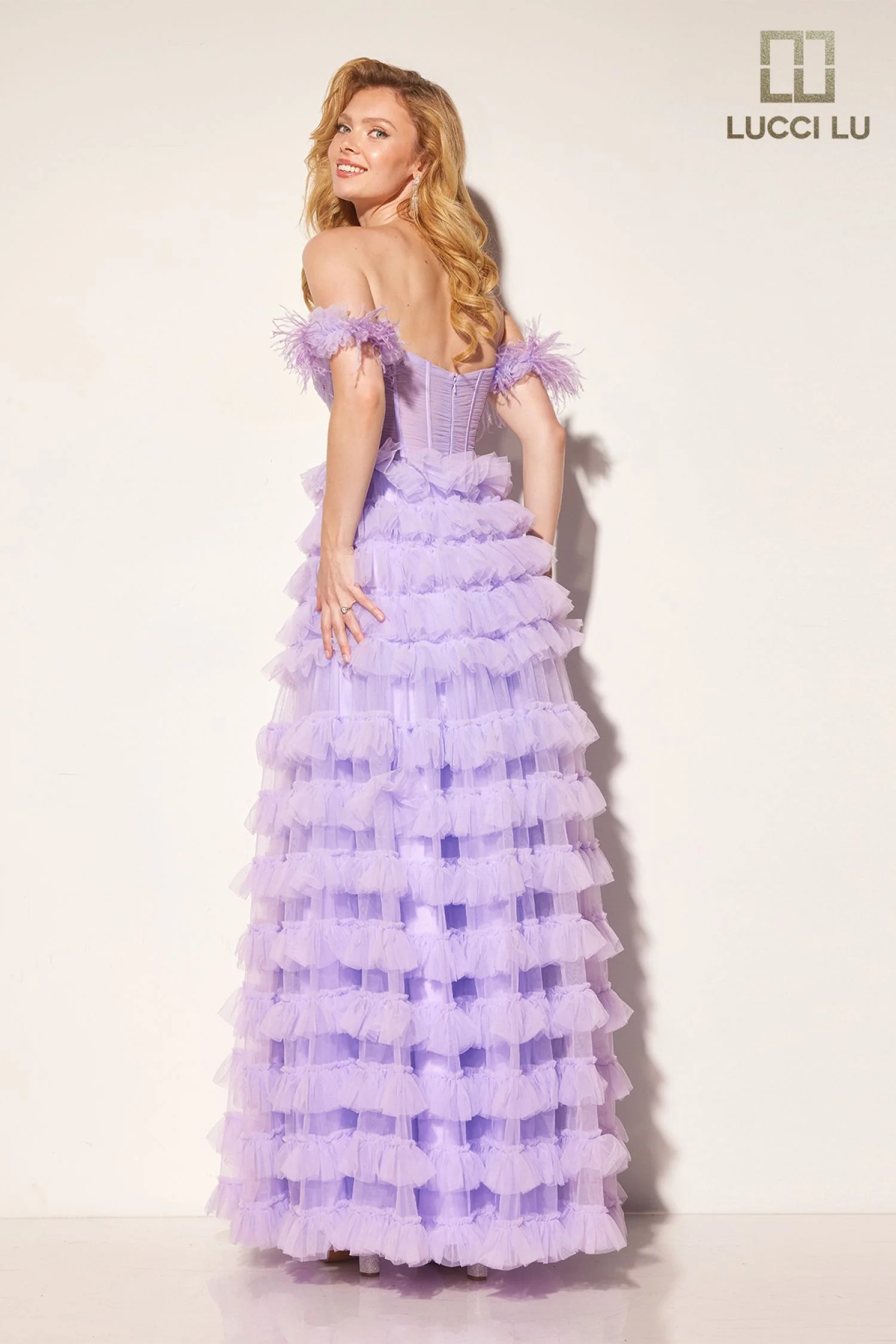 Lucci Lu 1410 Layer Tulle A Line Sheer Corset Prom Dress Feather Off the Shoulder Formal Gown - Image 3