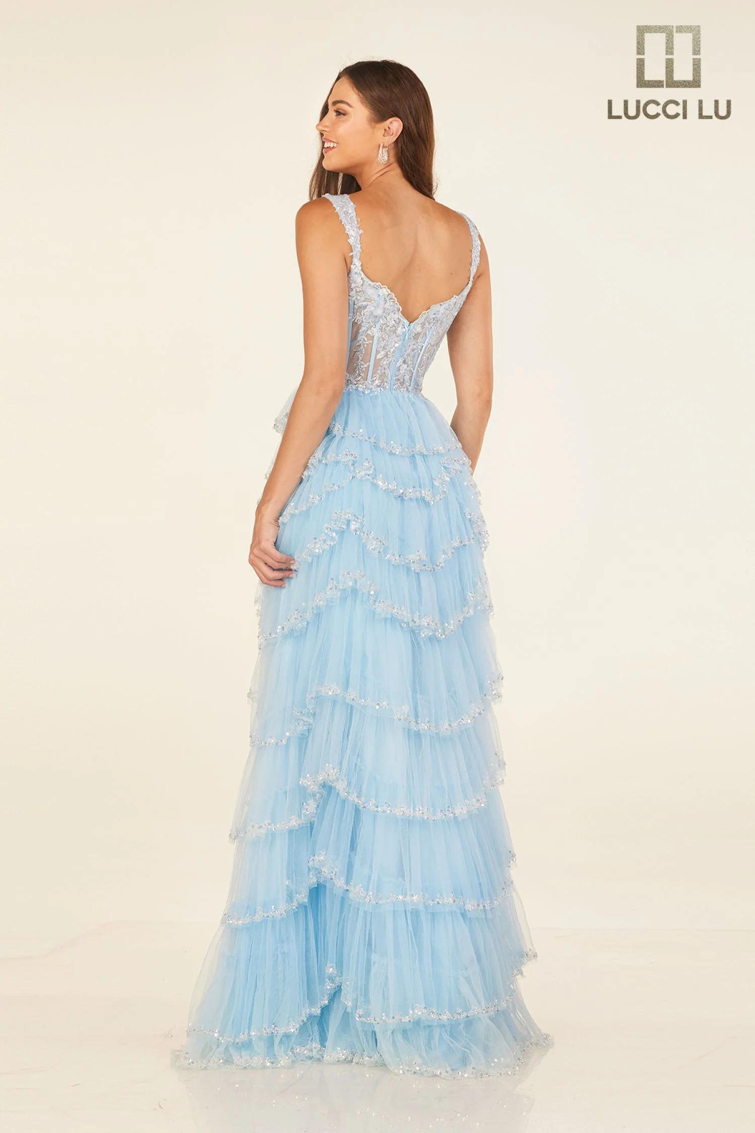 Lucci Lu 1432 Beaded Layered Prom Dress Maxi Slit Lace Sheer Corset Formal Pageant Gown - Image 7