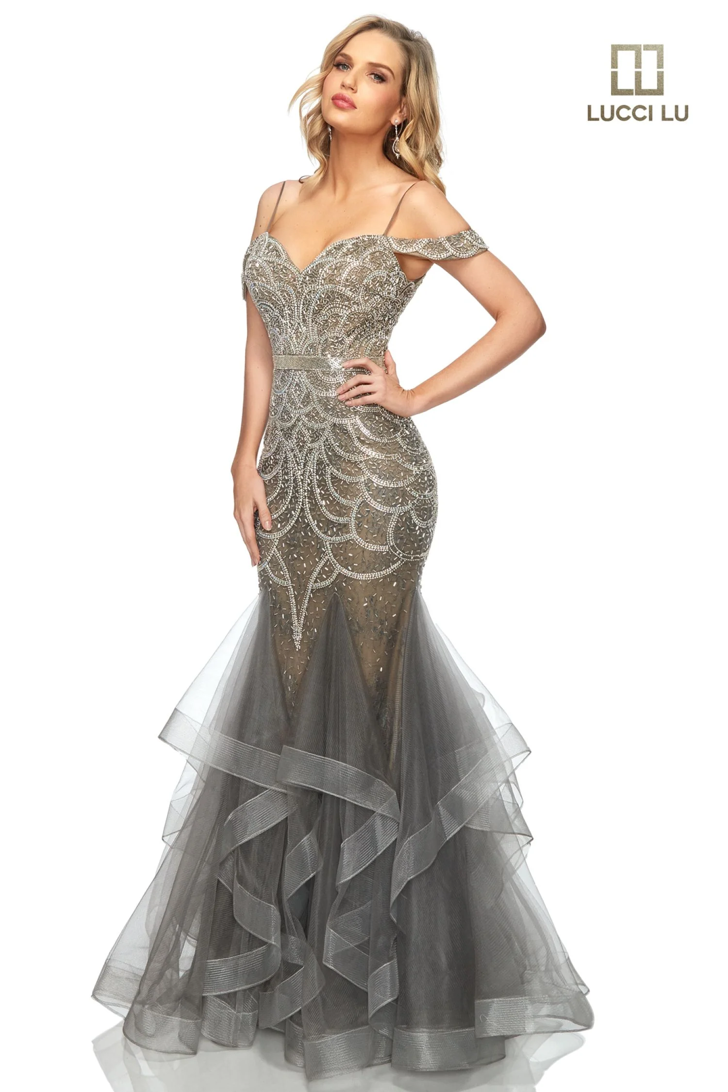 Lucci Lu 2147 Long Fitted Beaded Mermaid Ruffle Layer Prom Dress off Shoulder Pageant Gown - Image 4
