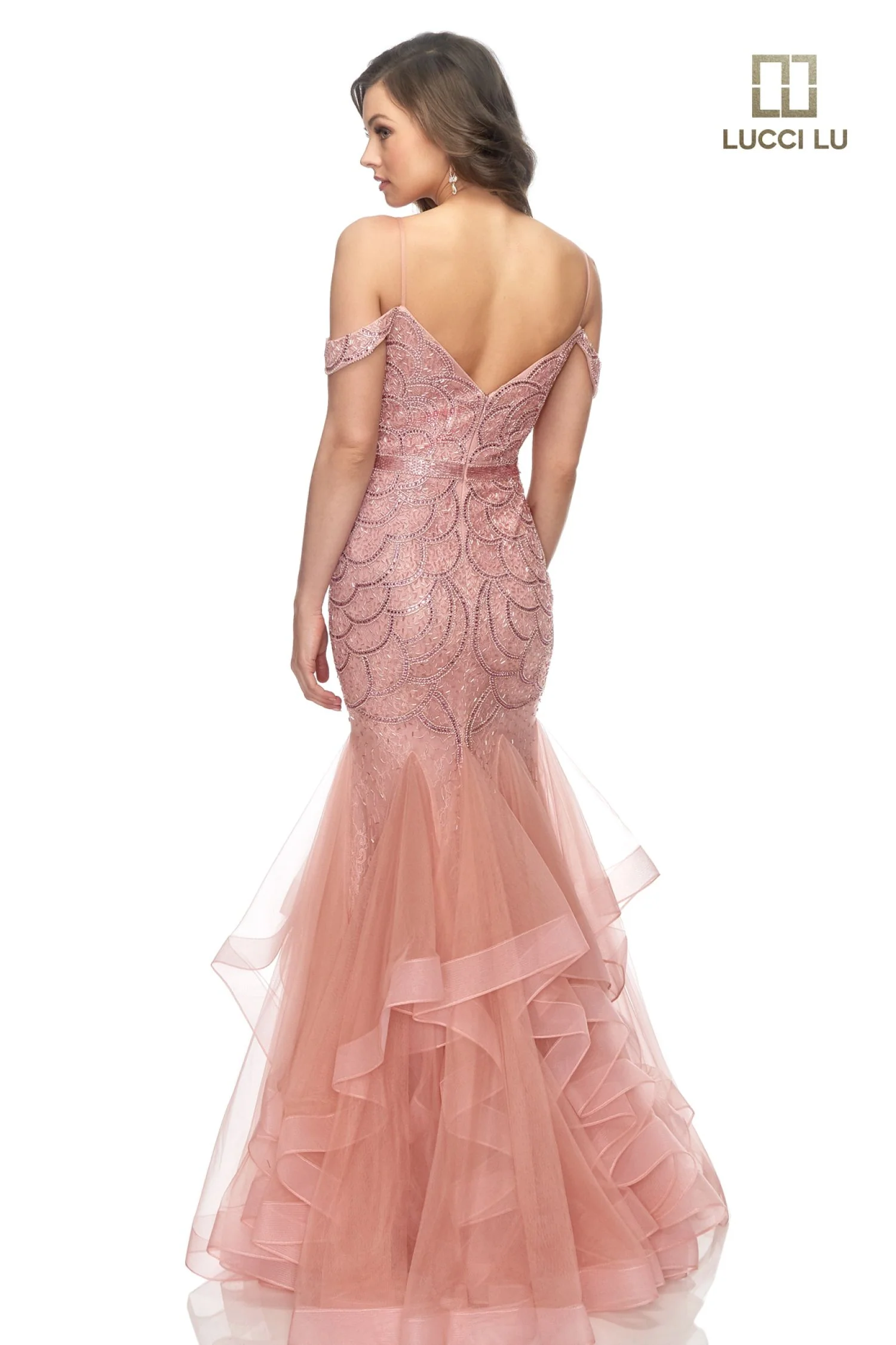 Lucci Lu 2147 Long Fitted Beaded Mermaid Ruffle Layer Prom Dress off Shoulder Pageant Gown - Image 6