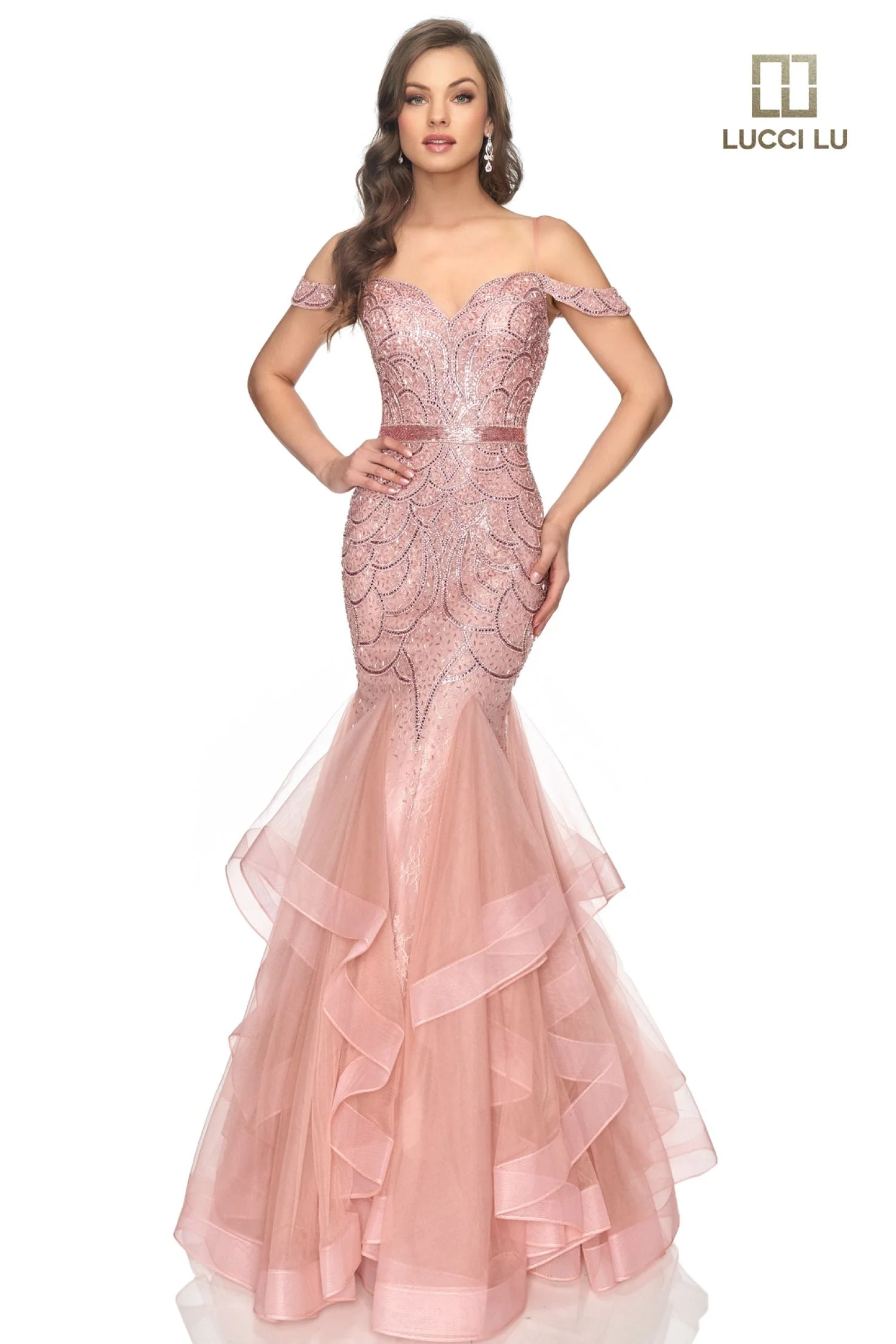 Lucci Lu 2147 Size 10 Dusty Blue Long Fitted Beaded Mermaid Ruffle Layer Prom Dress off Shoulder Pageant Gown - Image 3