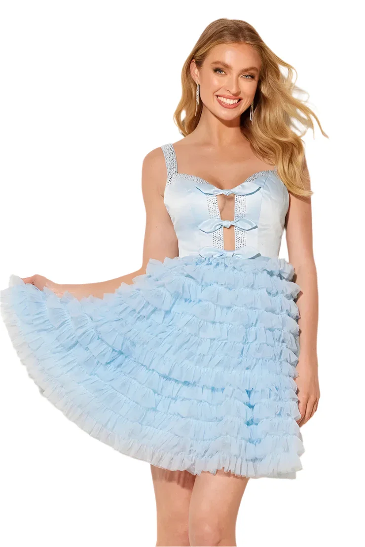 Lucci Lu 4211 Size 2 Sky Short Ruffle Bow Homecoming Dress Cocktail A Line Gown Crystal V Neck