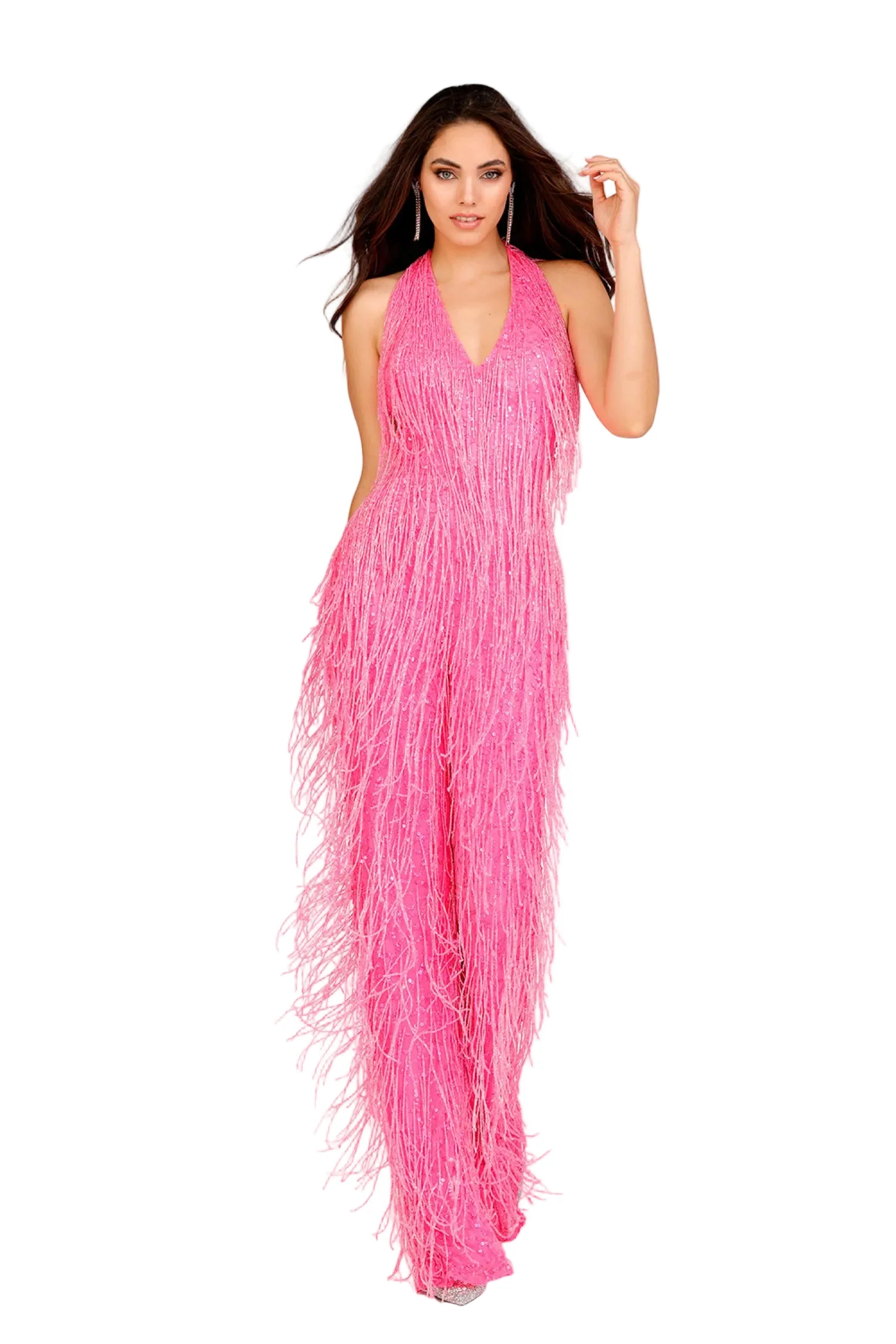 Lucci Lu 92107 Size 6 Fuchsia Fringe Jumpsuit Prom Pageant