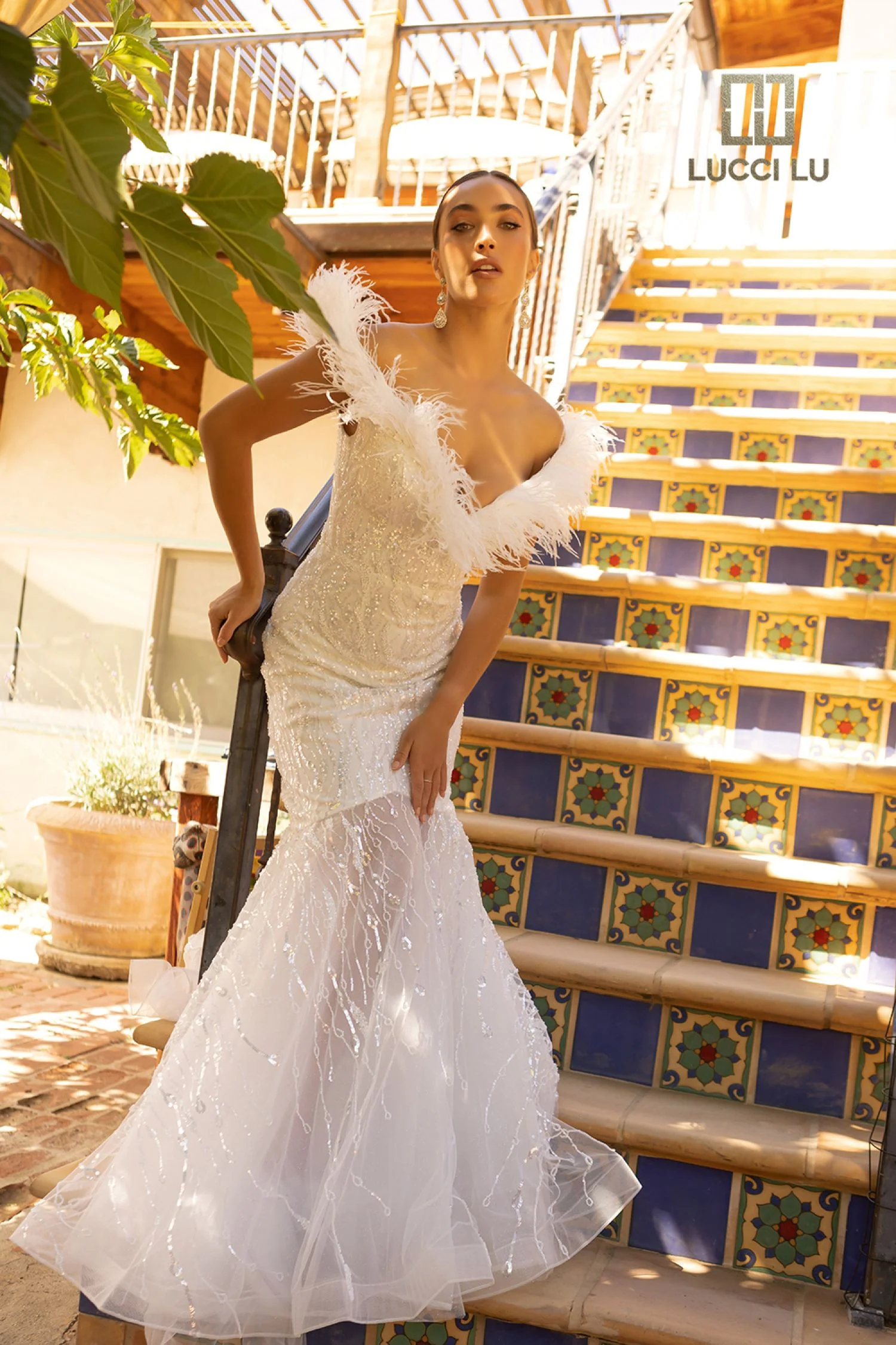 Lucci Lu C8051 Size 14 White Long Beaded Shimmer Feather Mermaid Prom Dress Pageant Gown Wedding - Image 2