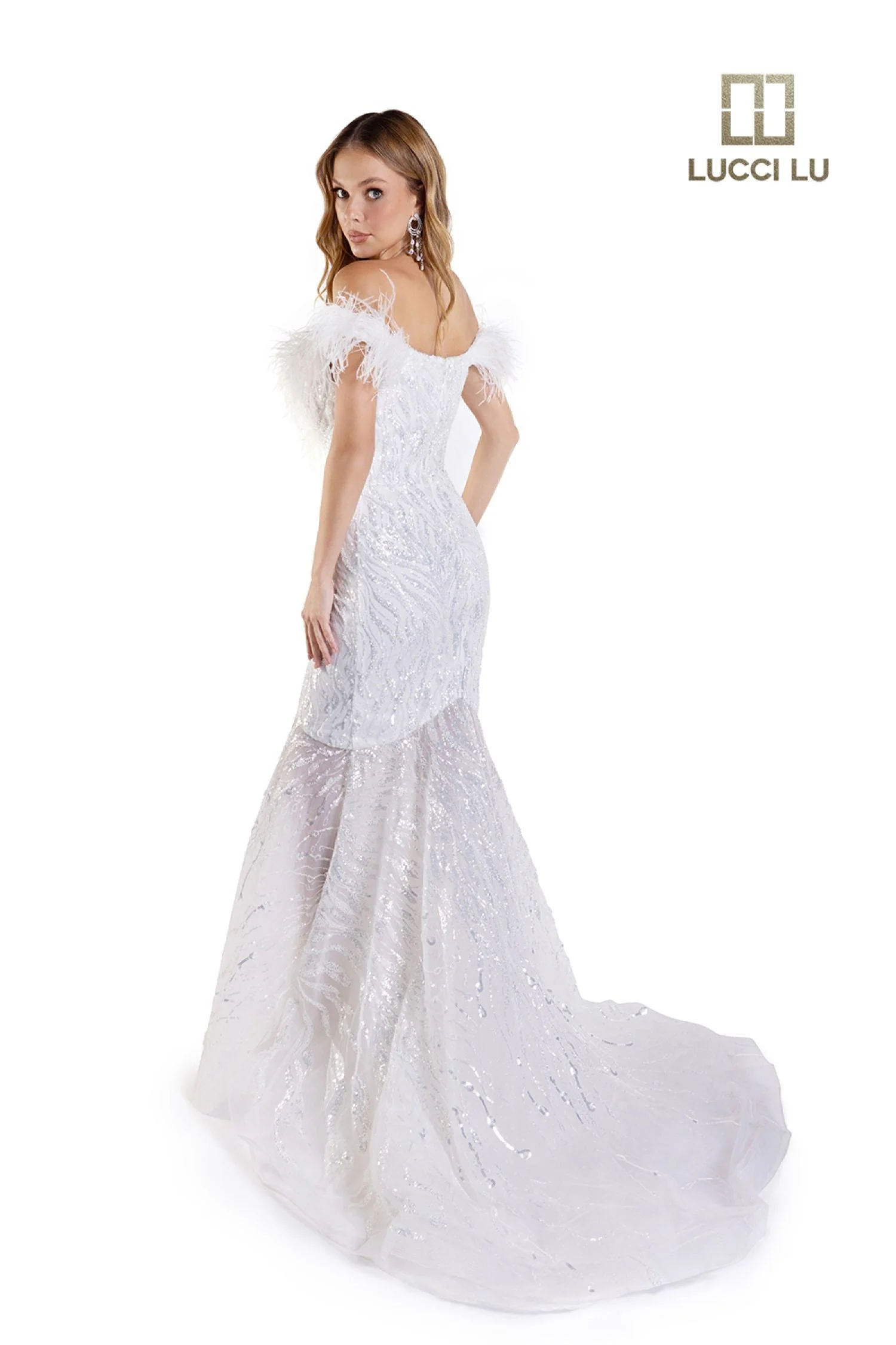 Lucci Lu C8051 Size 14 White Long Beaded Shimmer Feather Mermaid Prom Dress Pageant Gown Wedding - Image 3