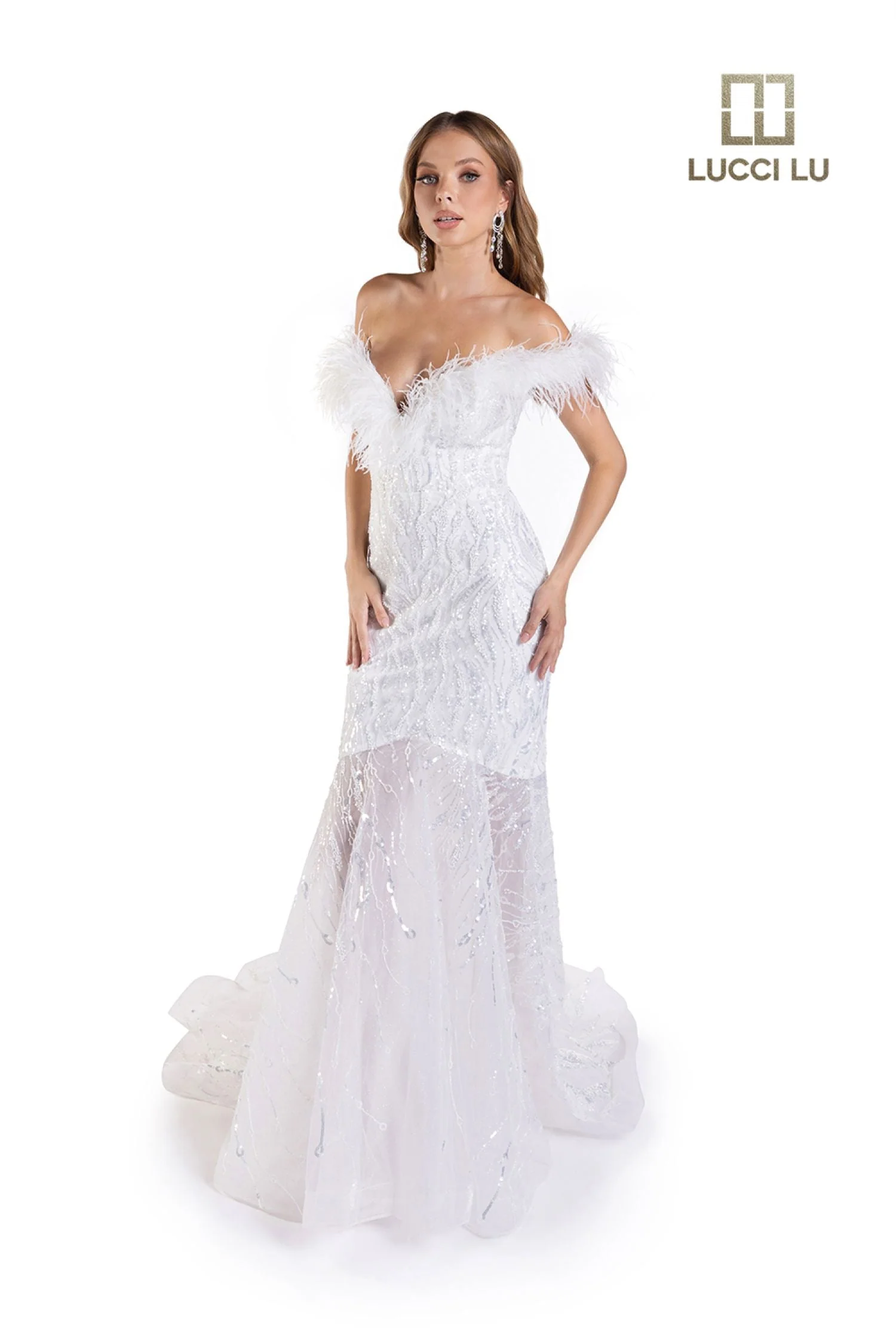 Lucci Lu C8051 Size 14 White Long Beaded Shimmer Feather Mermaid Prom Dress Pageant Gown Wedding - Image 4