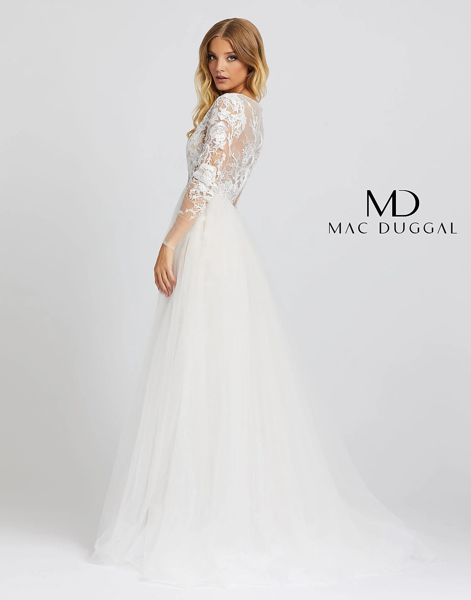 Mac Duggal 26322 Size 10 Lace Wedding Dress Overskirt Long Sleeve - Image 3