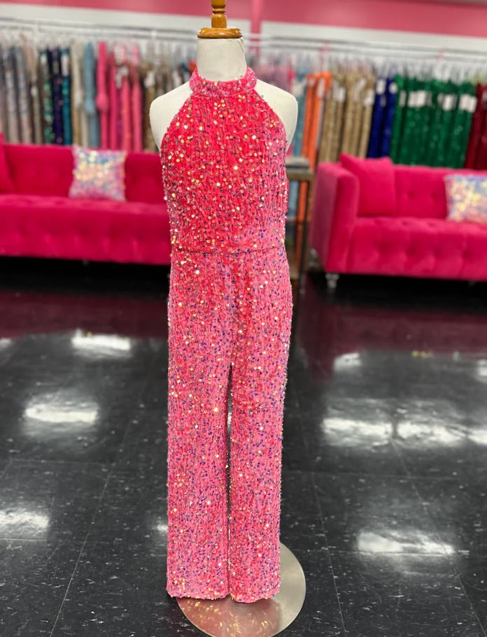 Marc Defang 5022 Size 6 Hot Pink Girls Velvet Sequin Pageant Jumpsuit Fun Fashion High Neck - Image 12