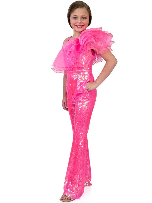 Marc Defang 5026 Size 5 White Girls Sequin One Shoulder Pageant Jumpsuit Ruffle Fun Fashion - Image 5