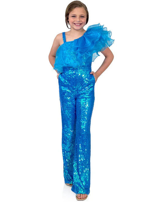 Marc Defang 5026 Size 5 White Girls Sequin One Shoulder Pageant Jumpsuit Ruffle Fun Fashion - Image 6