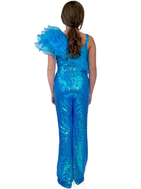 Marc Defang 5026 Size 5 White Girls Sequin One Shoulder Pageant Jumpsuit Ruffle Fun Fashion - Image 7