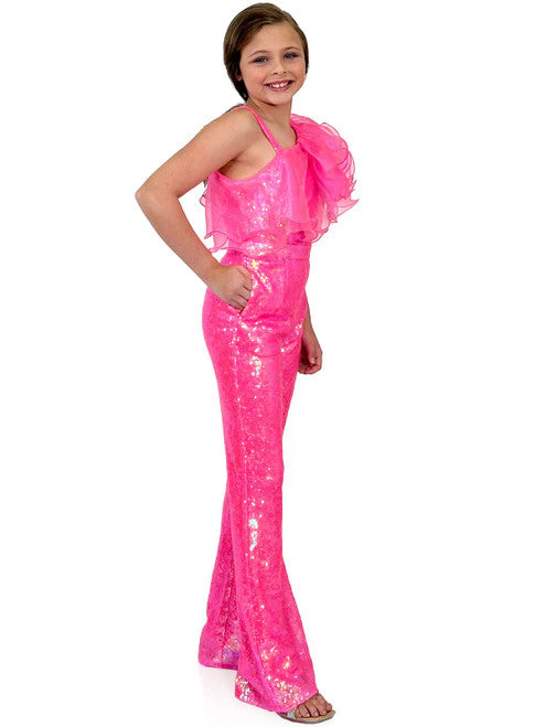 Marc Defang 5026 Size 5 White Girls Sequin One Shoulder Pageant Jumpsuit Ruffle Fun Fashion - Image 9