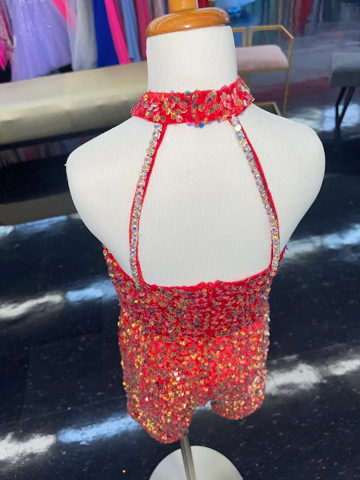 Marc Defang 5033 Size 4 RED Short Girls sequin Pageant Romper high neck fun fashion - Image 5