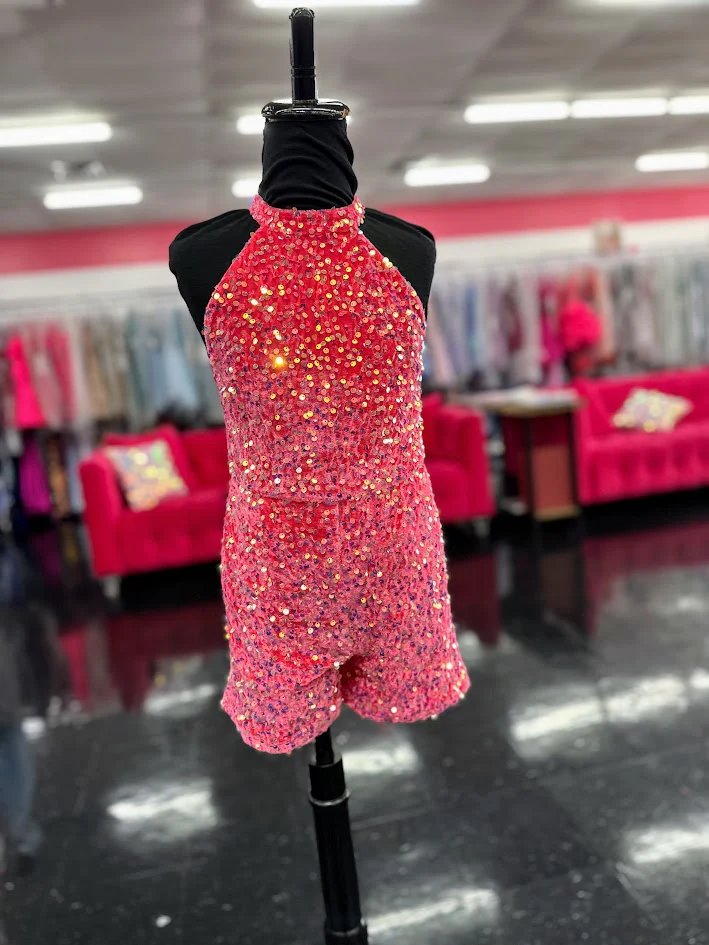 Marc Defang 5033 Size 6, 12 Hot Pink Short Girls Velvet sequin Pageant Romper fun fashion Formal Wear Pockets