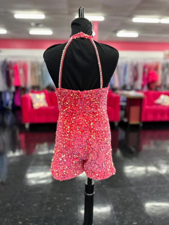 Marc Defang 5033 Size 6, 12 Hot Pink Short Girls Velvet sequin Pageant Romper fun fashion Formal Wear Pockets - Image 3