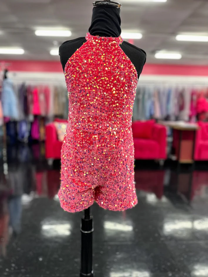 Marc Defang 5033 Size 6, 12 Hot Pink Short Girls Velvet sequin Pageant Romper fun fashion Formal Wear Pockets - Image 4