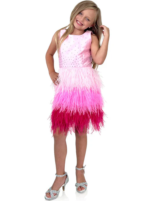 Marc Defang 5118 Girls Short Feather Ombre Pageant Dress Pink Formal Kids Fun Fashion - Image 2