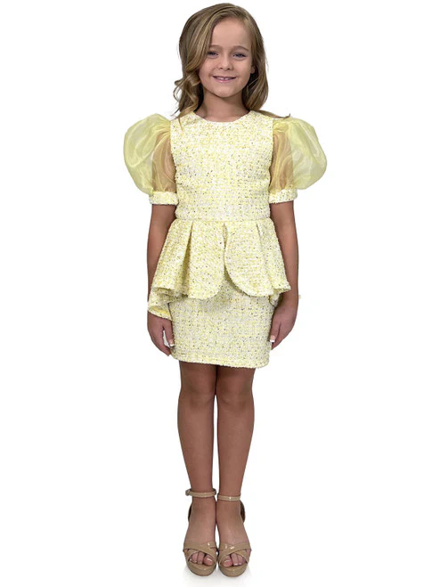 Marc Defang 5141 Size 4, 9 Yellow Girls Short Tweed Puff Sleeve Interview Formal Dress Ruffle Pageant Wear - Image 2